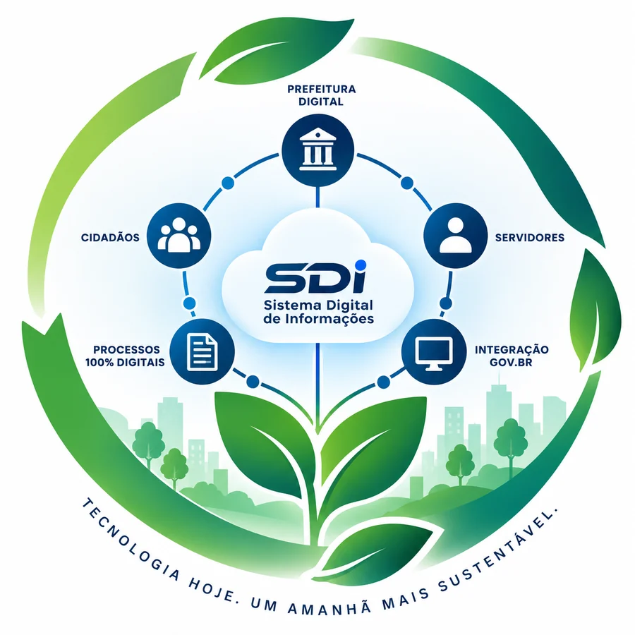 Ecossistema do SDI conectando prefeitura digital, cidadãos, servidores, processos 100% digitais e integração Gov.br, com o selo Tecnologia hoje. Um amanhã mais sustentável.